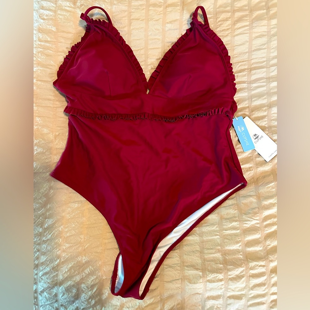 Cupshe Ruffle Trim One-Piece Swimsuit in Deep Wine Red